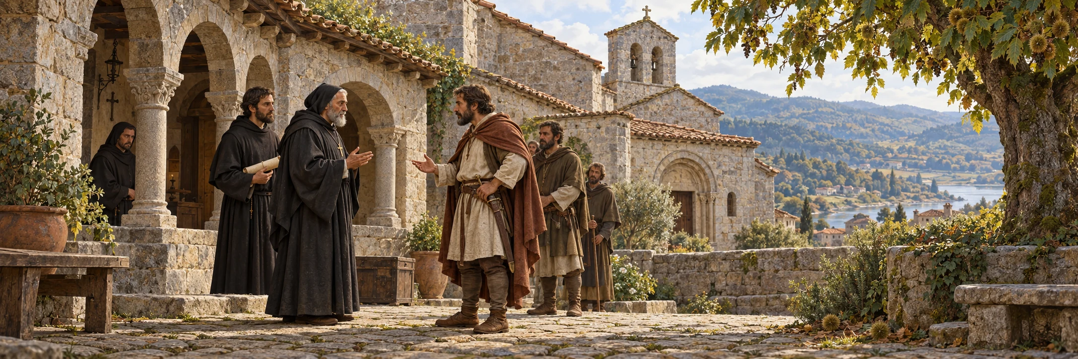 Interpretive scene of a twelfth-century Galician lord and a monastic abbot discussing a land dispute