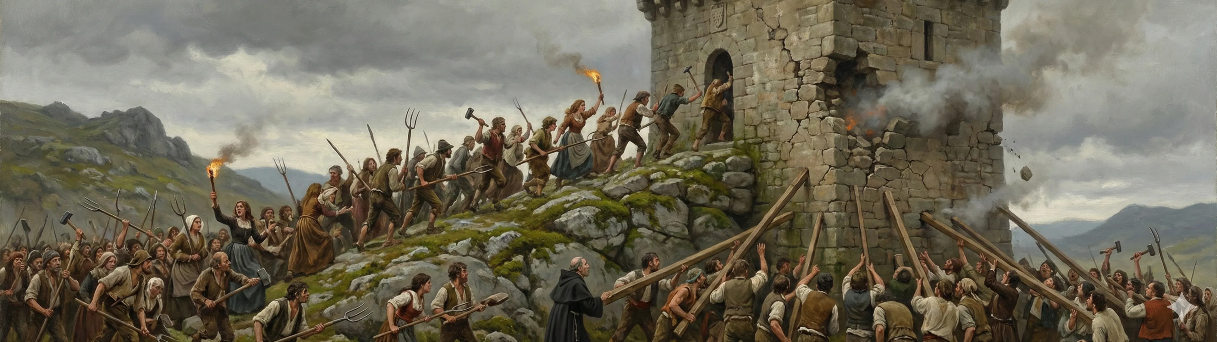 Galician commoners storming a noble tower during the Irmandiño Revolt