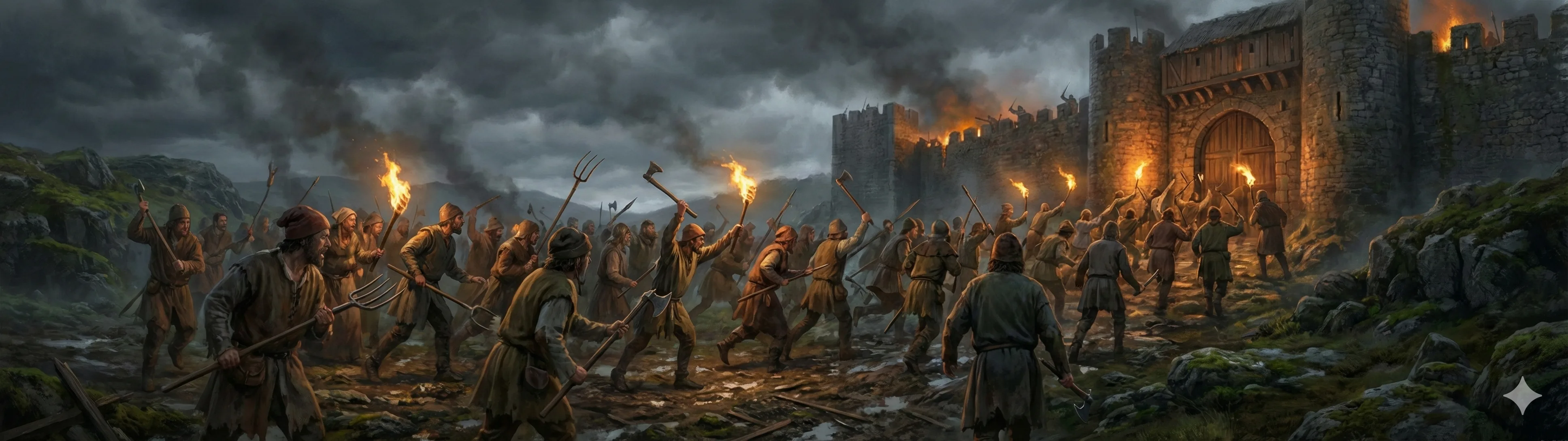 The Irmandiño peasant revolts attacking noble castles across Galicia