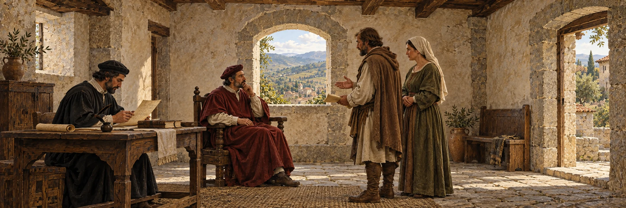 Interpretive scene of a medieval ruler, clerk and petitioners considering a deed in a modest hall