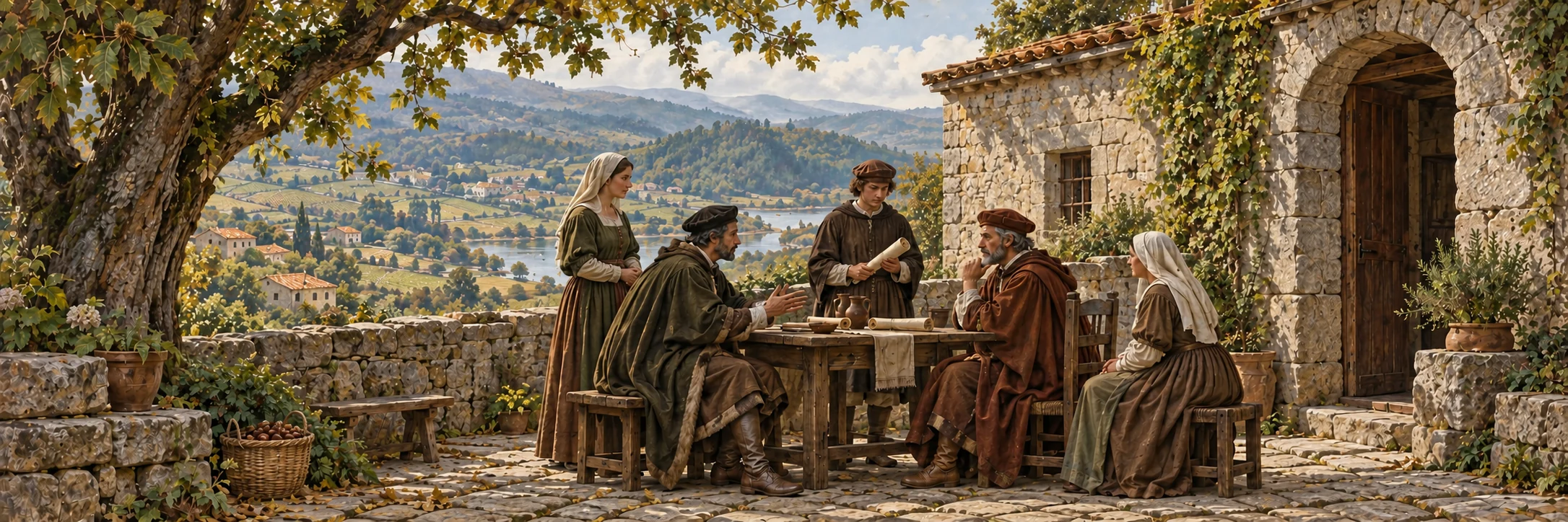 Interpretive scene of two noble households discussing a dispute in a modest Galician courtyard