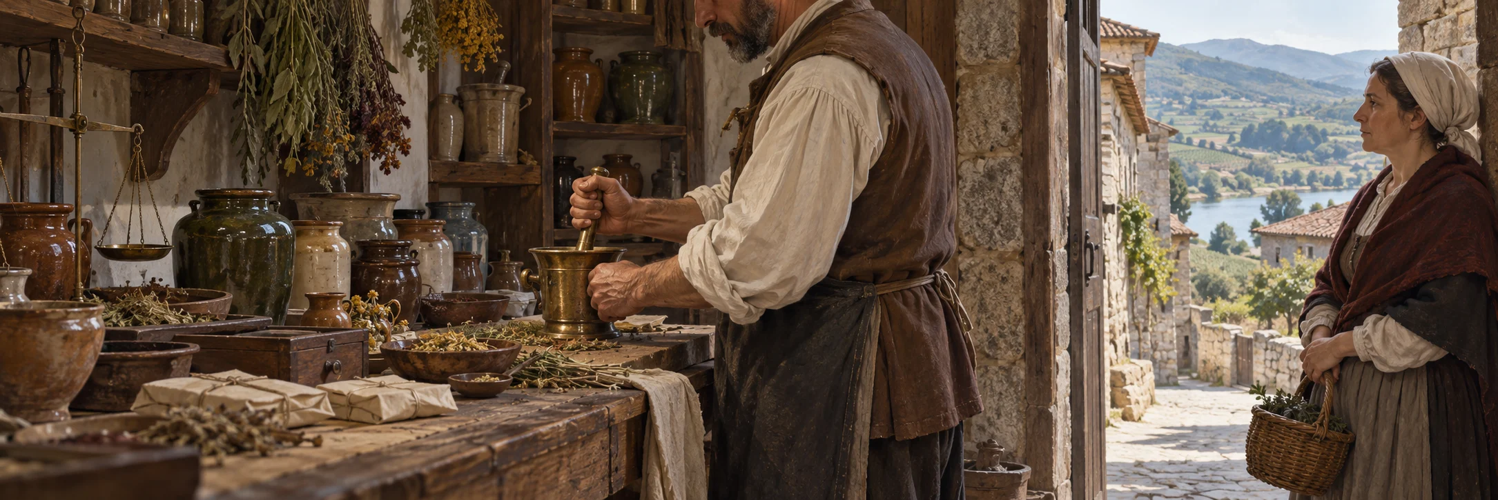Interpretive scene of an anonymous early-seventeenth-century apothecary at work