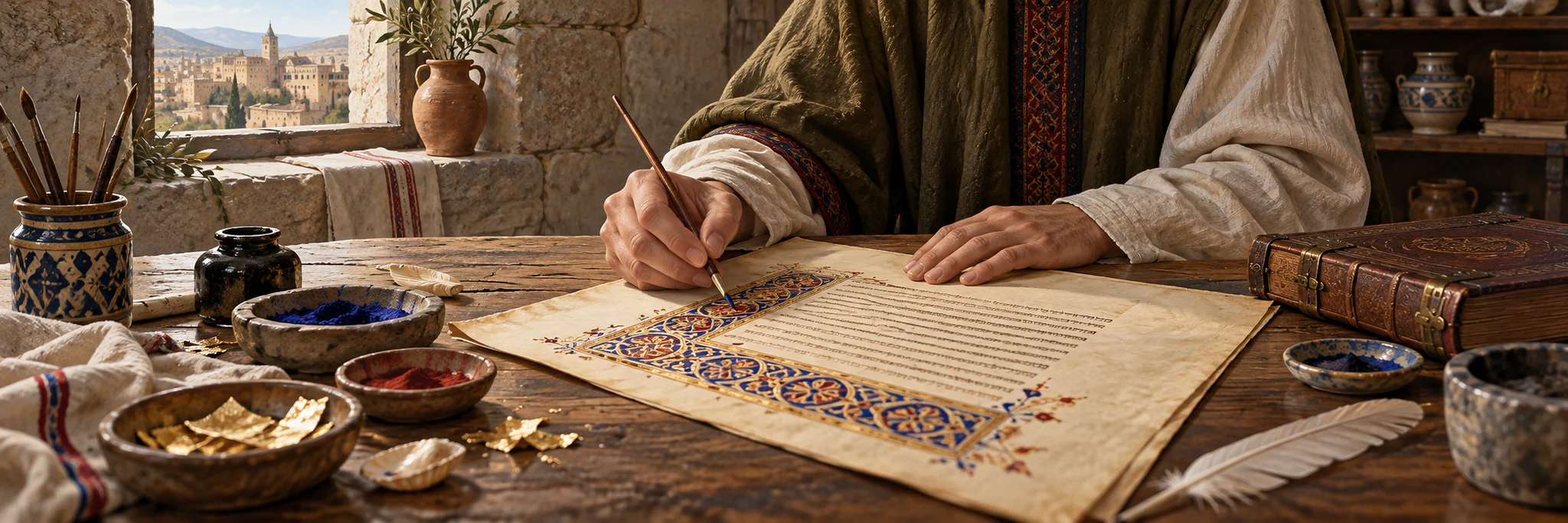 Interpretive illustration of an artisan decorating a Sephardic manuscript with pigments and gold leaf