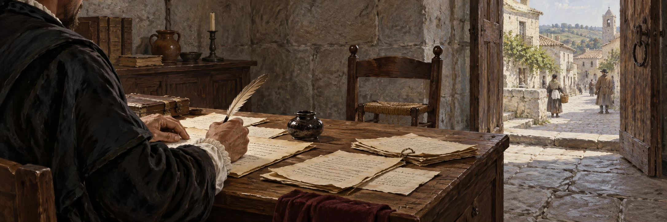 Interpretive scene of a clerk recording testimony, rather than a documented proceeding