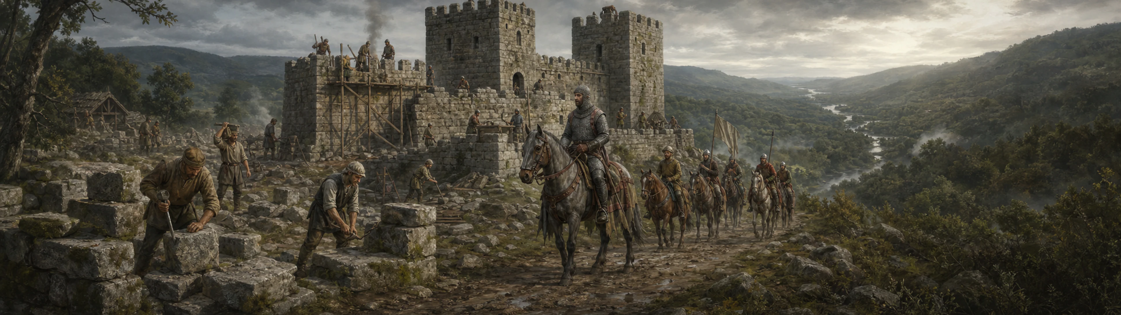 Reconstrução artística de homens de armas e pedreiros reconstruindo o castelo de Soutomaior após a revolta irmandiña