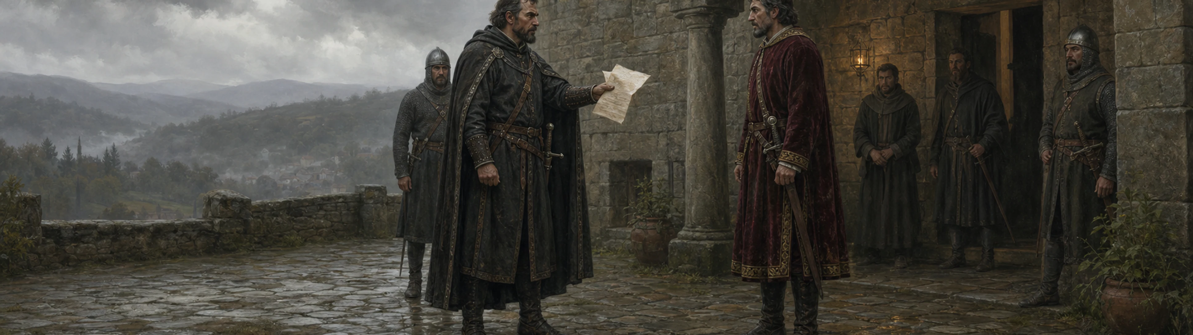 Reconstrução artística não gráfica das forças de Pedro Madruga detendo prisioneiros em Ribadavia em 1470
