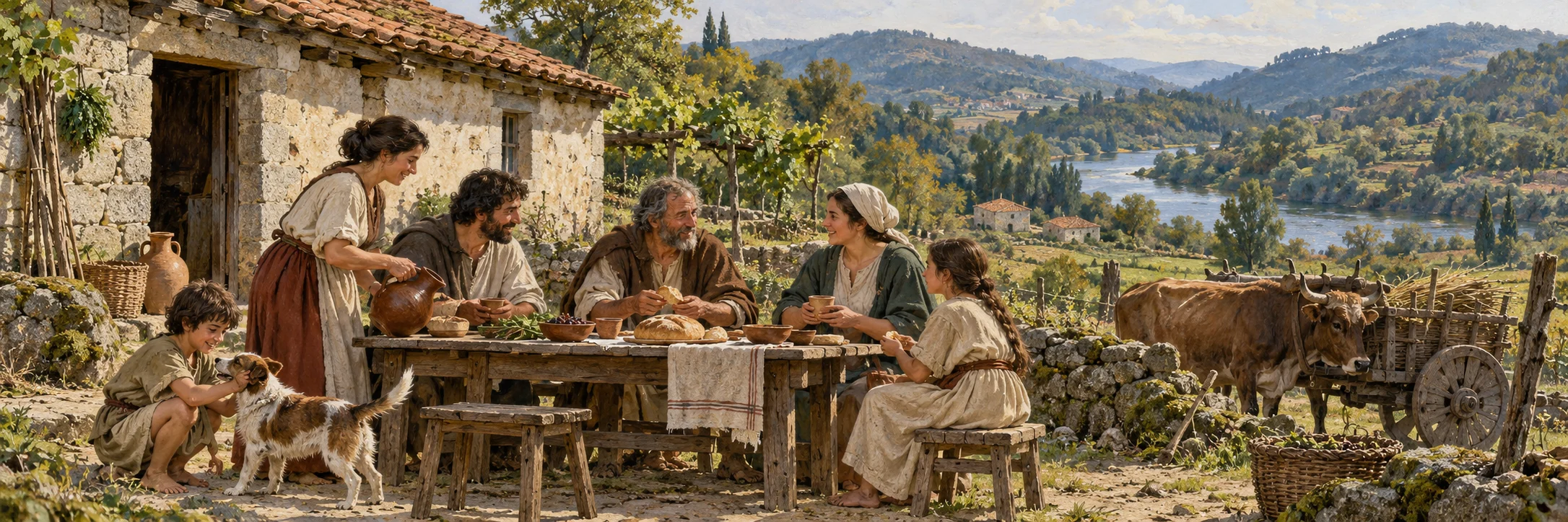 Interpretive scene of neighbouring late-antique households sharing a meal