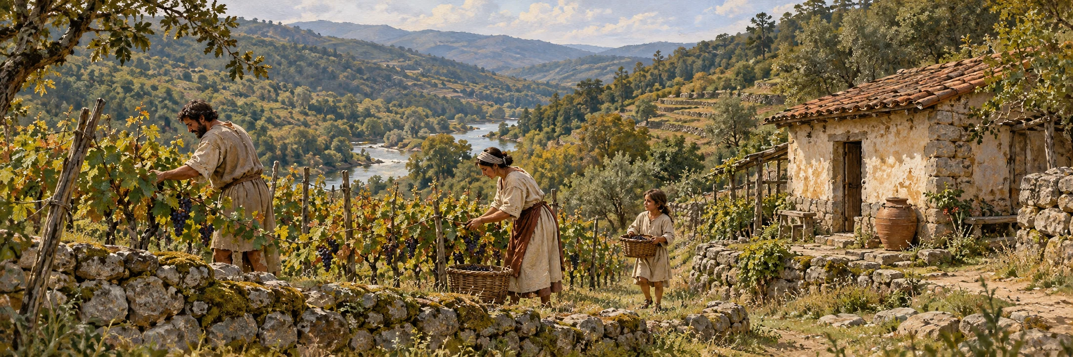 Interpretive scene of an ordinary late-antique vineyard household