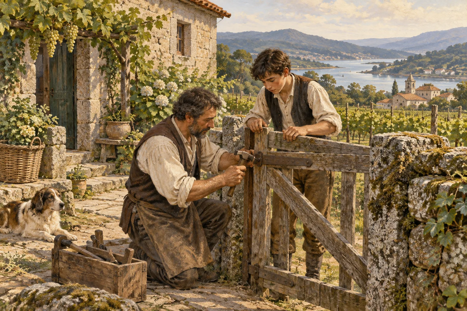 A father and son repairing a vineyard gate.