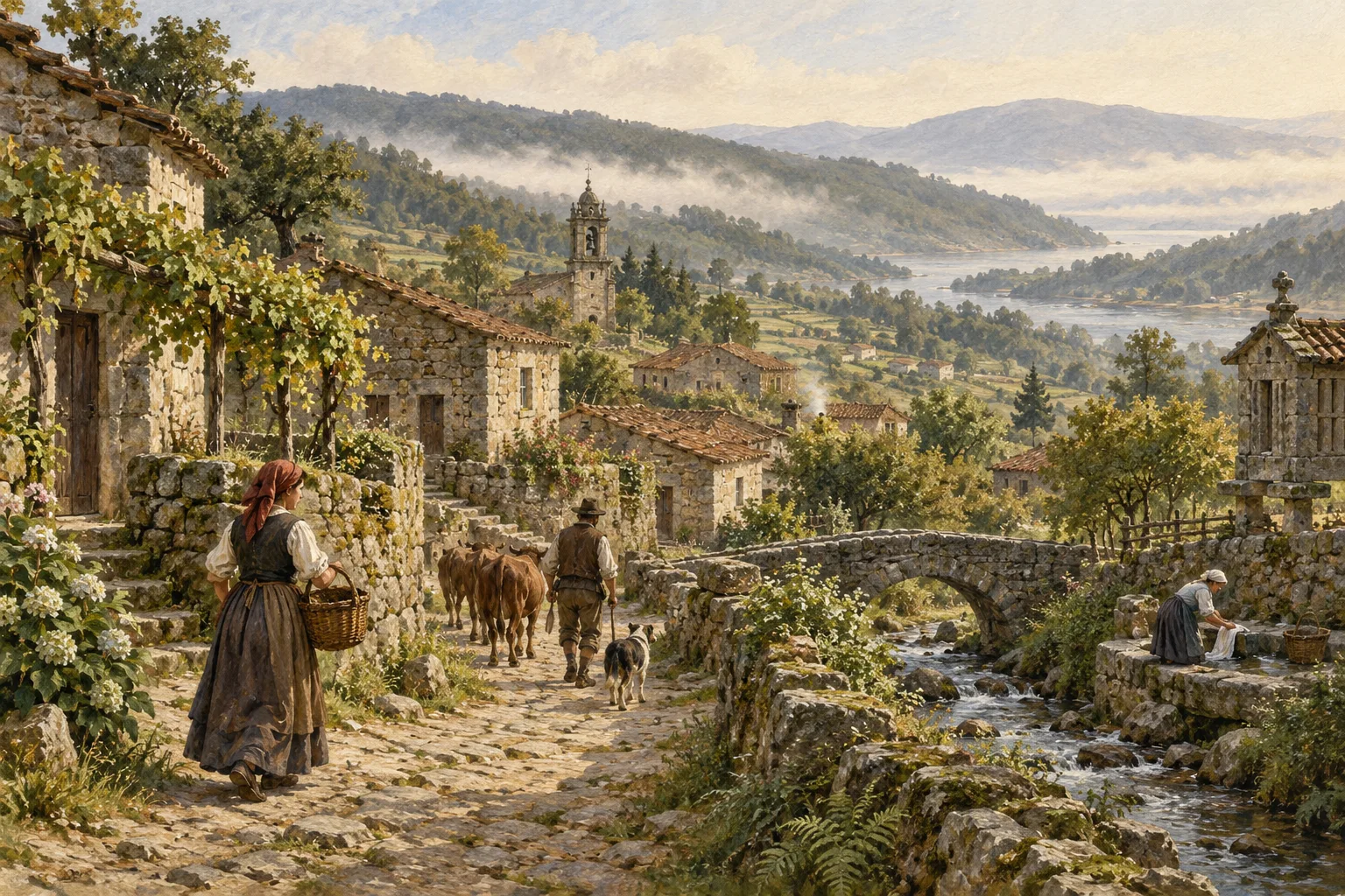 A stone village in a green Galician valley.