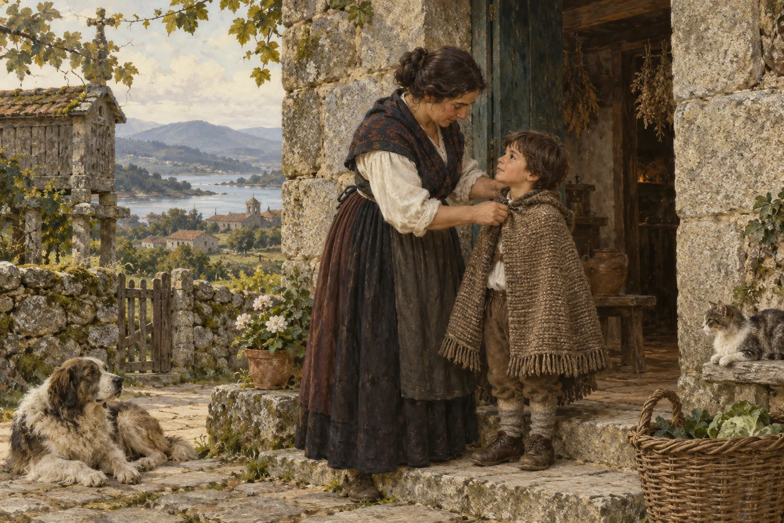 An adult fitting a child’s woven cloak at a stone doorway.
