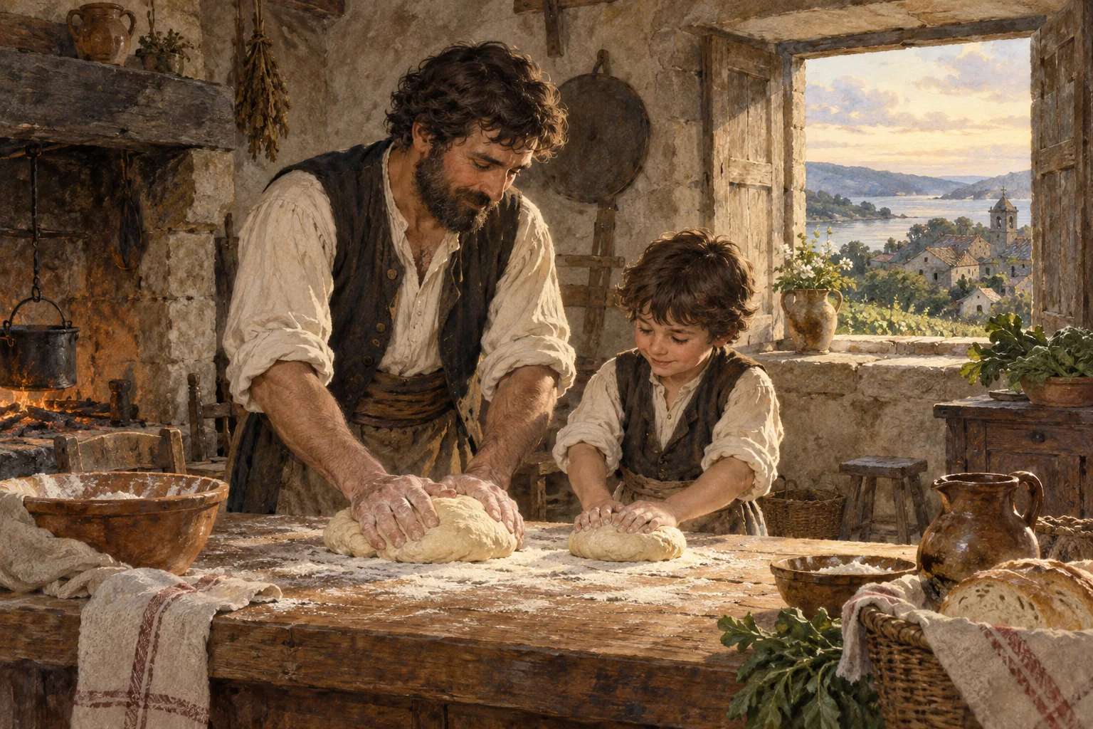 A father and child kneading bread in a Galician kitchen.
