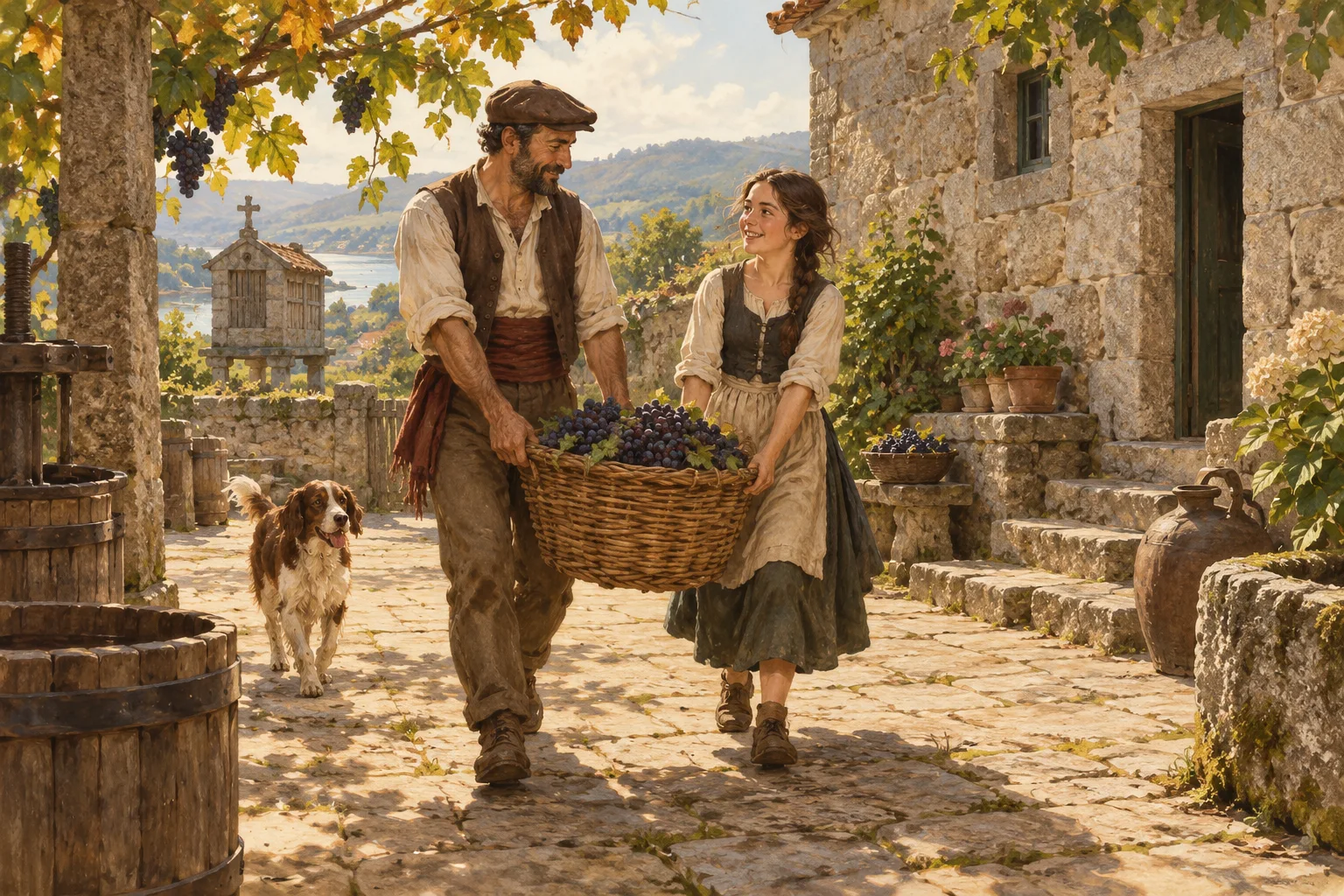A parent and daughter carrying grapes into a stone courtyard.