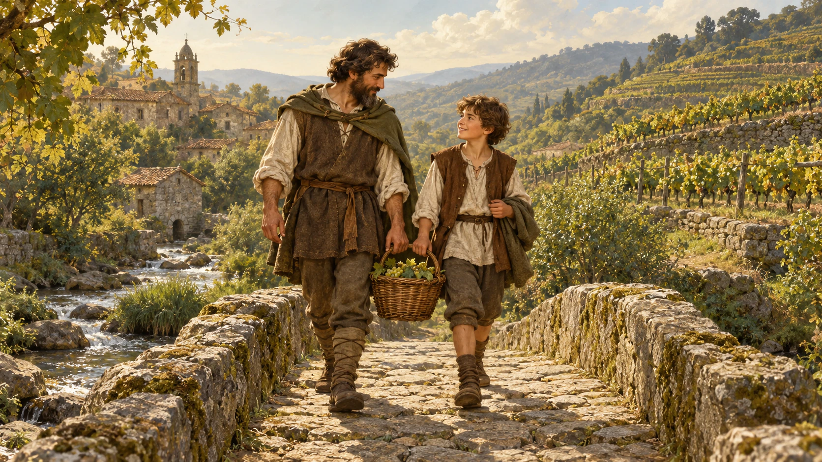Interpretive illustration of a father and an adolescent carrying a basket across a quiet Galician stone bridge.