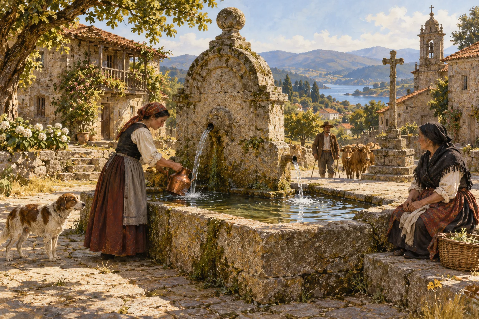 A stone fountain and water basin in a village square.
