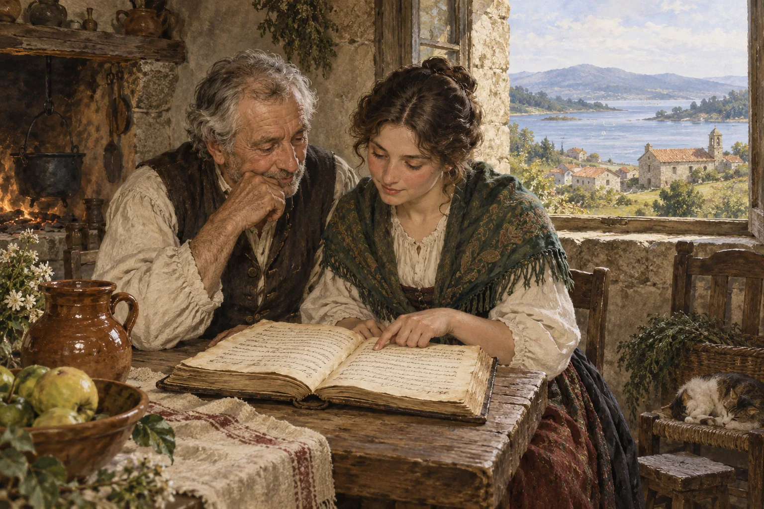 An older parent and daughter reading a family notebook.