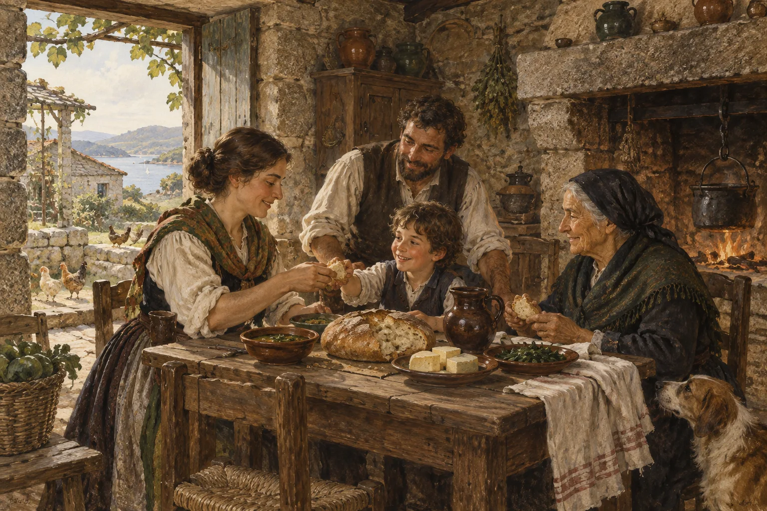 Three generations sharing bread at a family table.