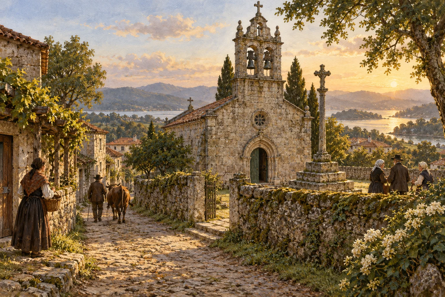 A rural Galician stone parish church.