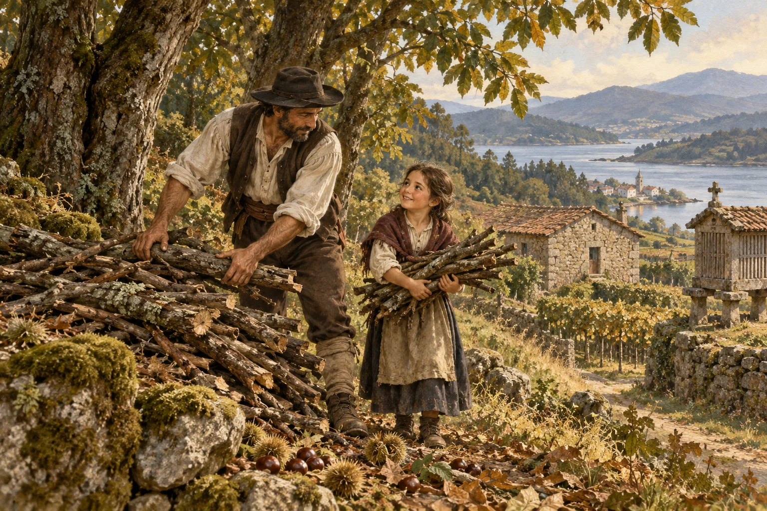 A father and daughter gathering firewood.