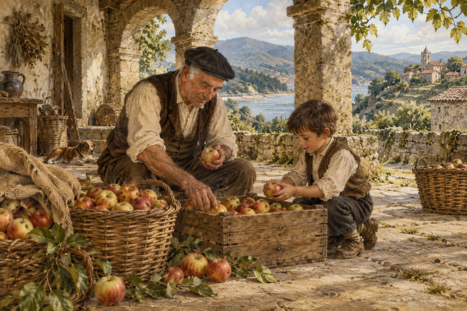 A grandfather and grandson sorting apples.