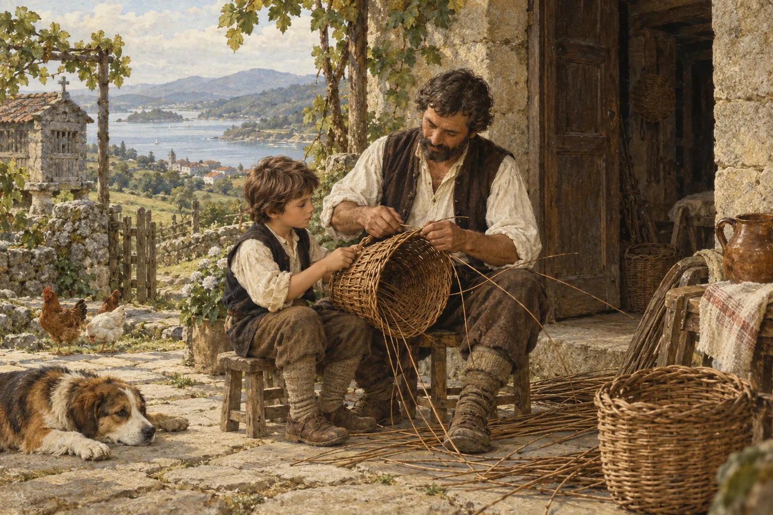 A father and child mending a wicker basket.