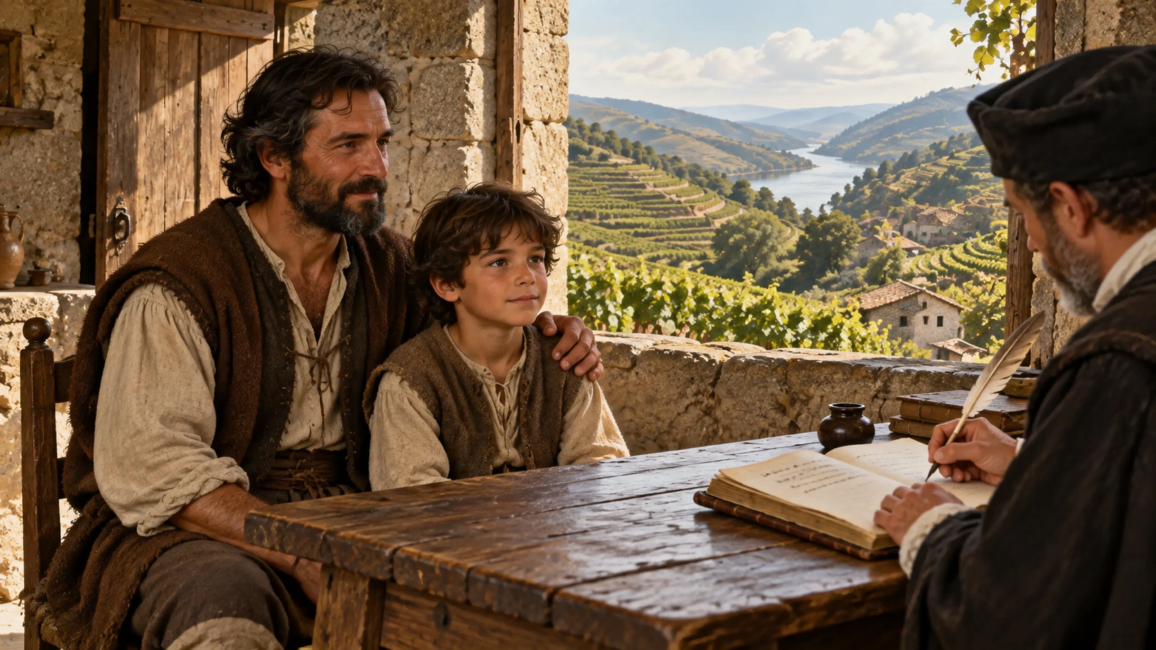 Interpretive illustration of a father and child at a clerk’s table as their relationship is recorded in unreadable writing.