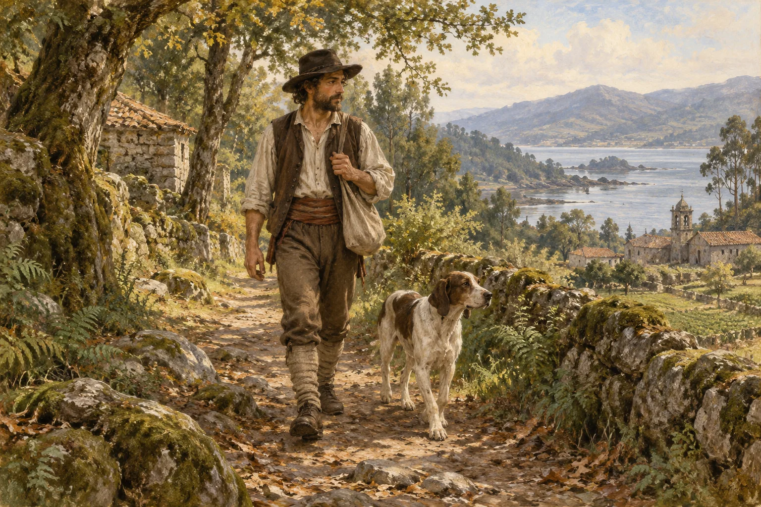 A hunting assistant and dog on a woodland path.