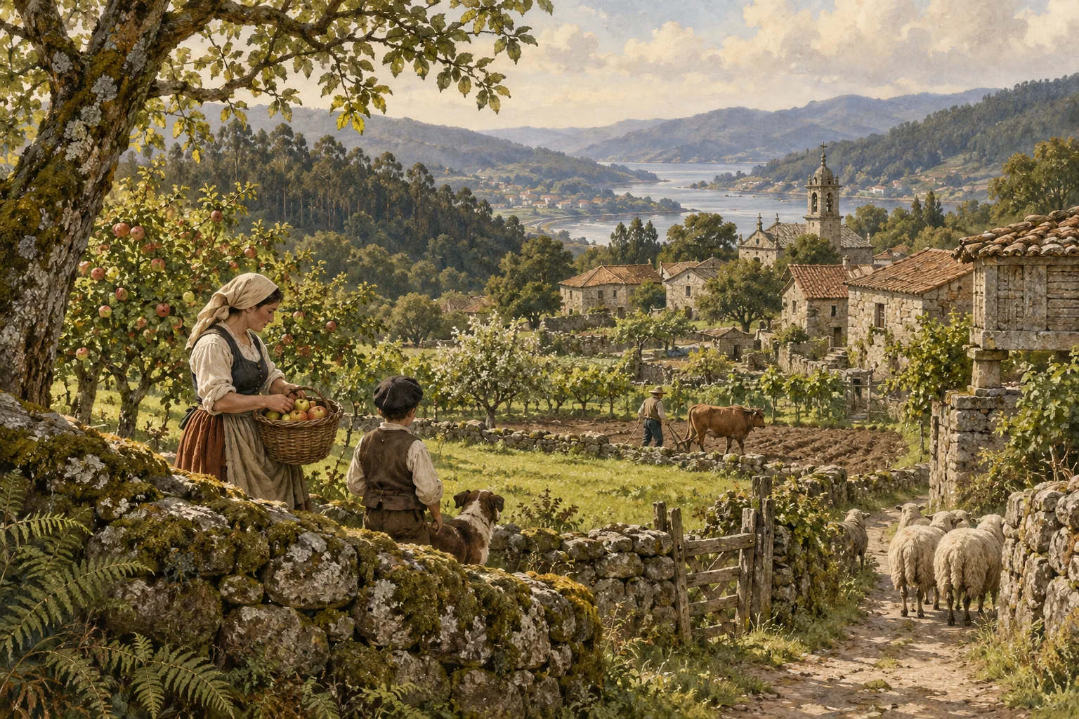 A rural Galician valley with a small stone hamlet.