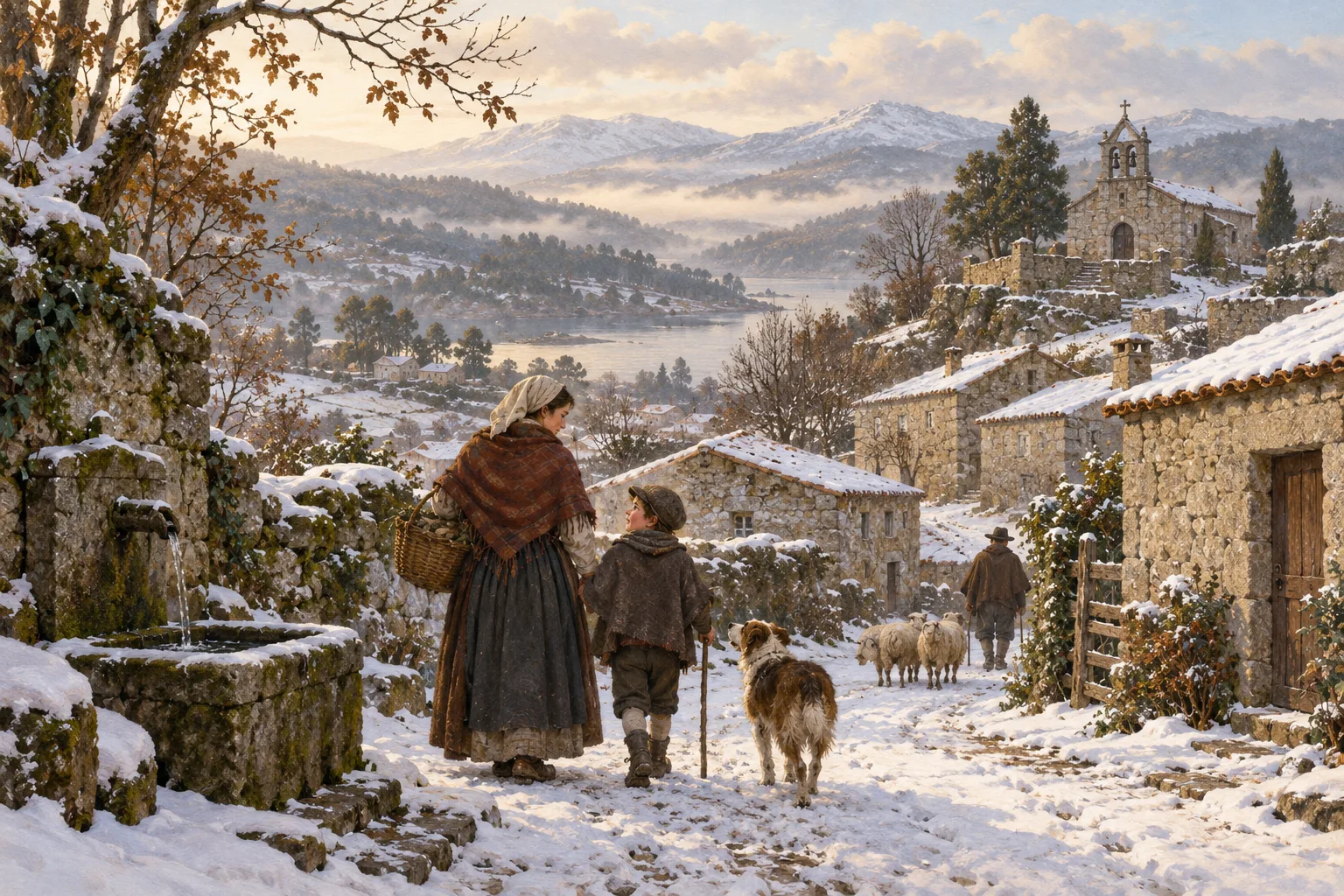 A Galician hill village after a light snowfall.