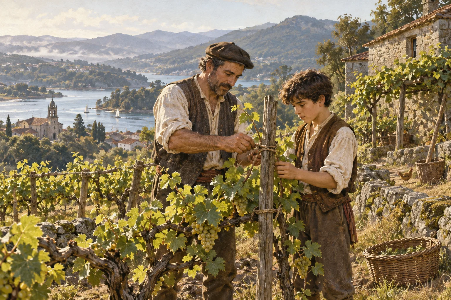 A father and son tying young grapevines.