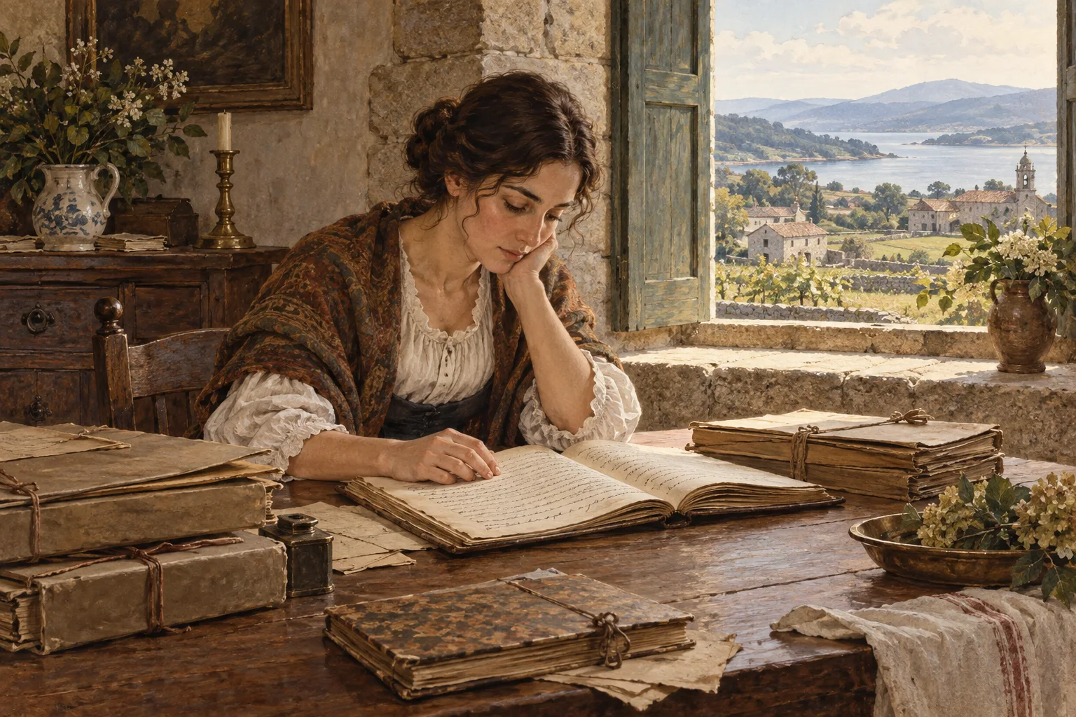 A woman researching a family notebook by a window.