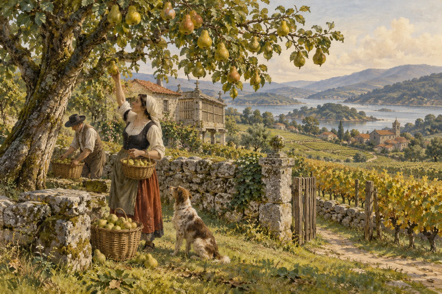 Pear trees beside a Galician stone wall.