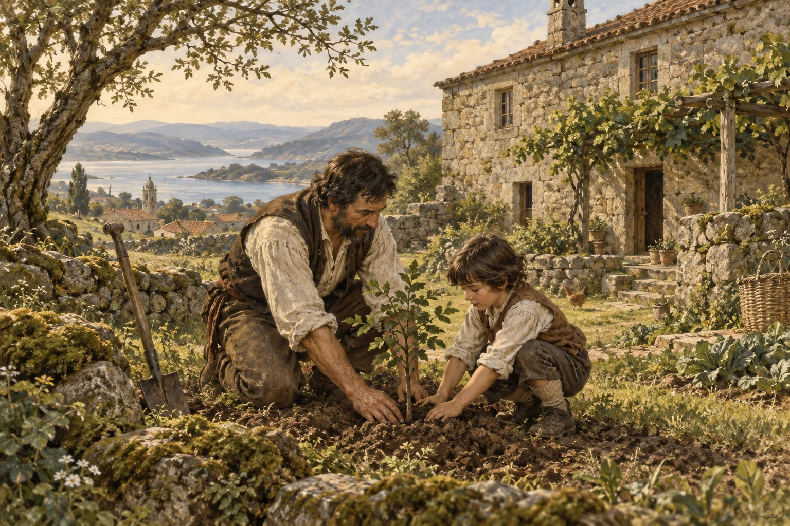 A father and child planting a sapling.