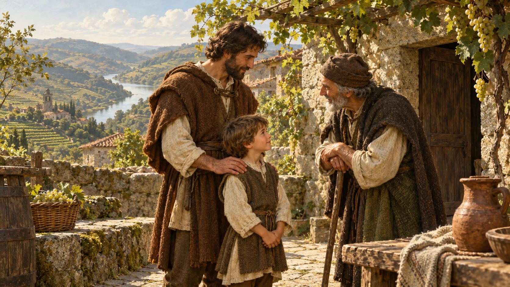 Interpretive illustration of a father introducing his child to a neighbour in a Galician courtyard.