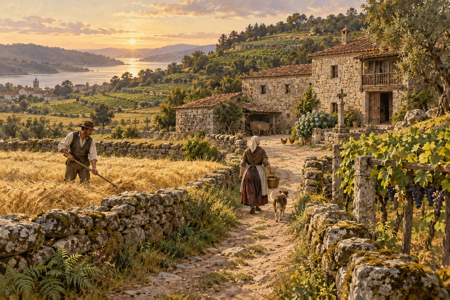 Cultivated fields divided by Galician stone walls.