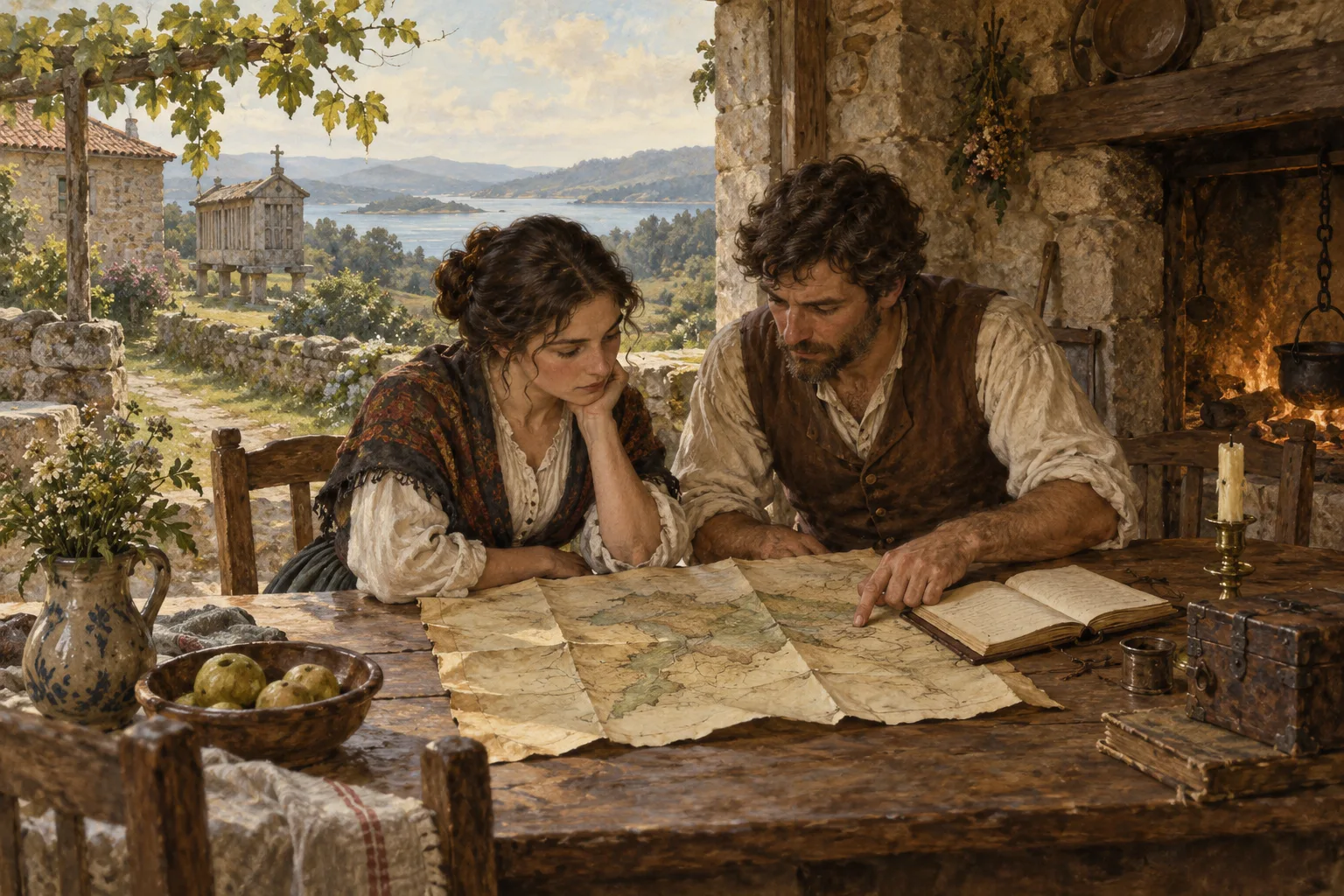 Family members examining a map and notebook.
