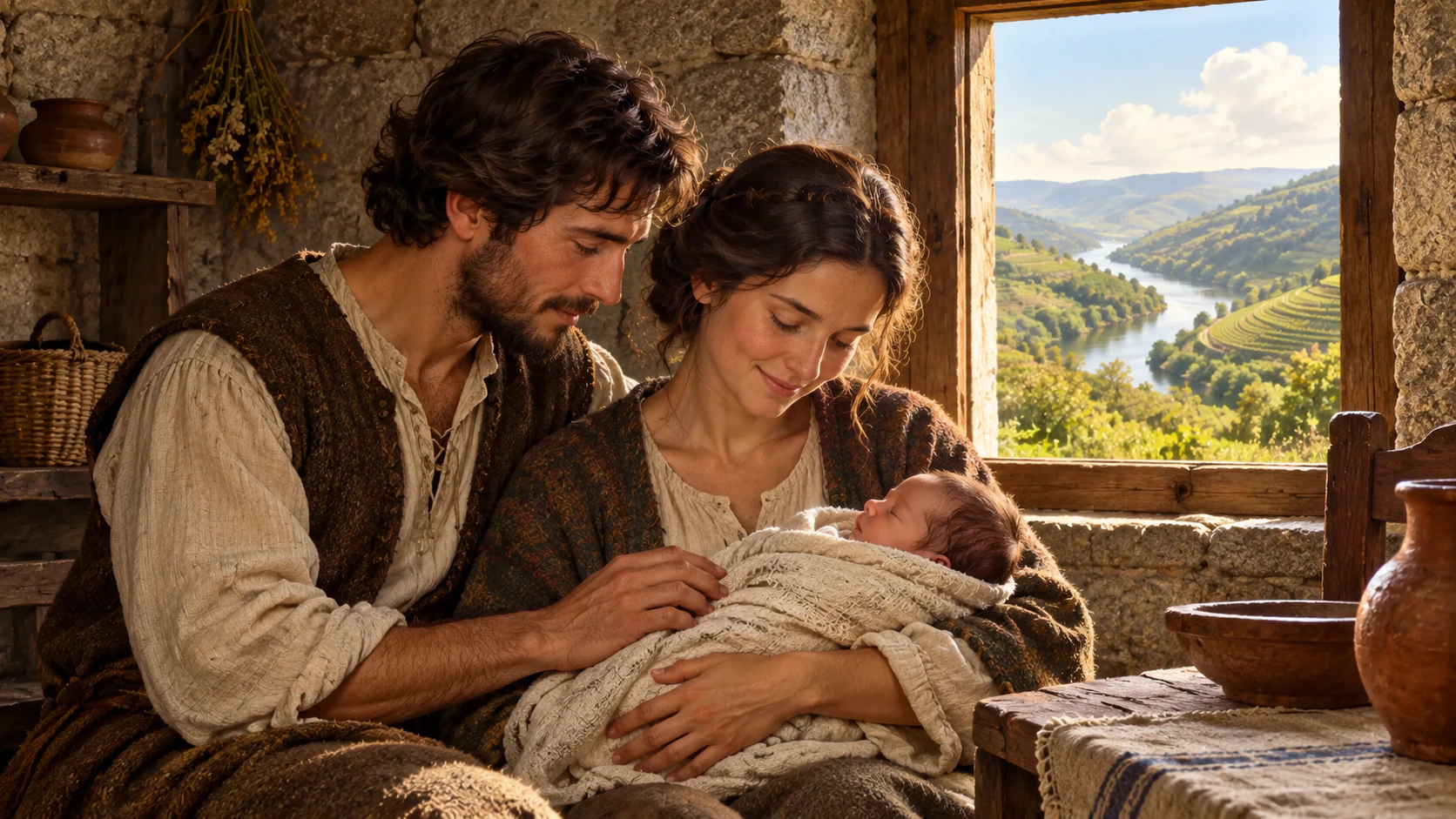 Interpretive illustration of parents with their newborn in a modest Galician household.