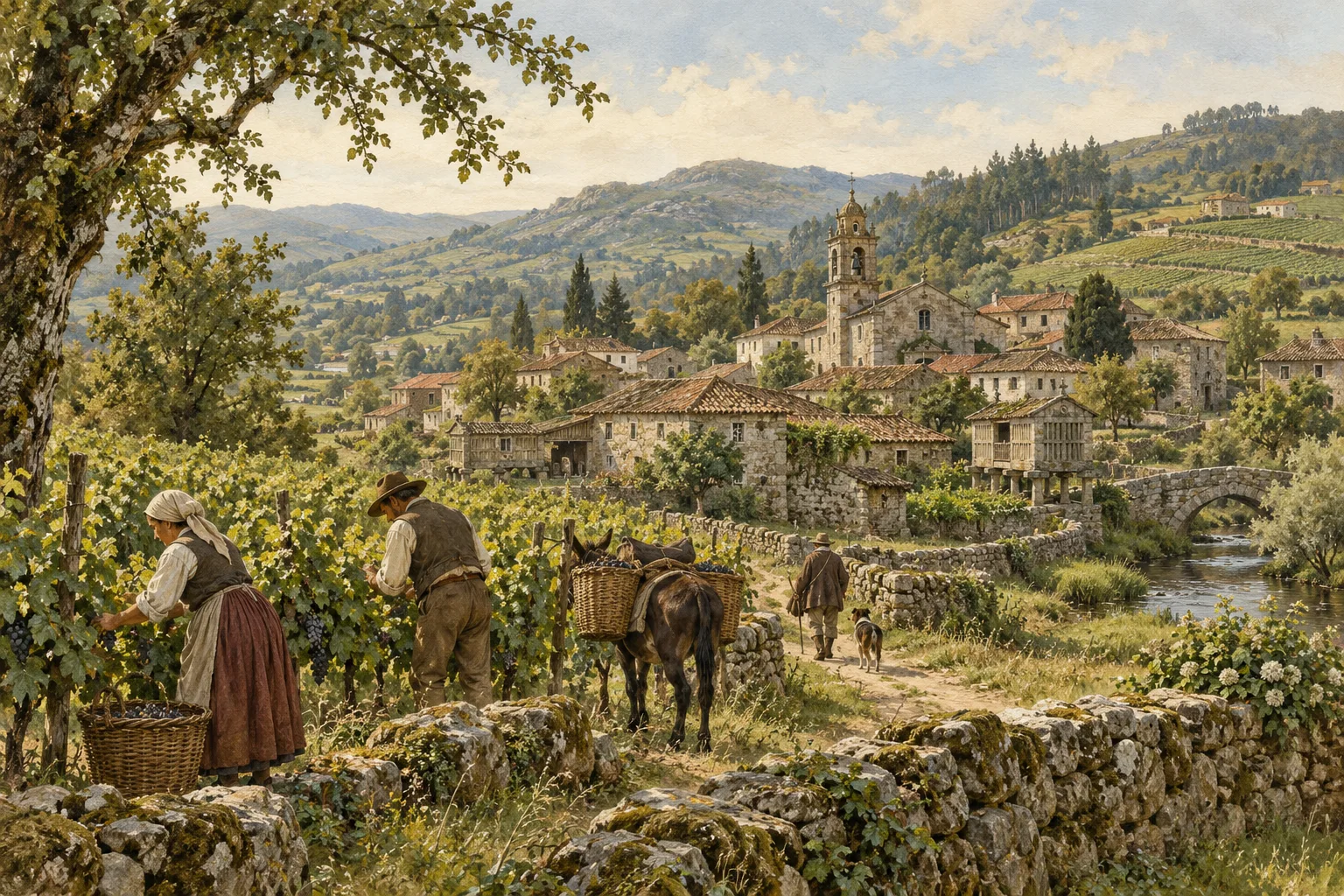 A stone village surrounded by green hills.