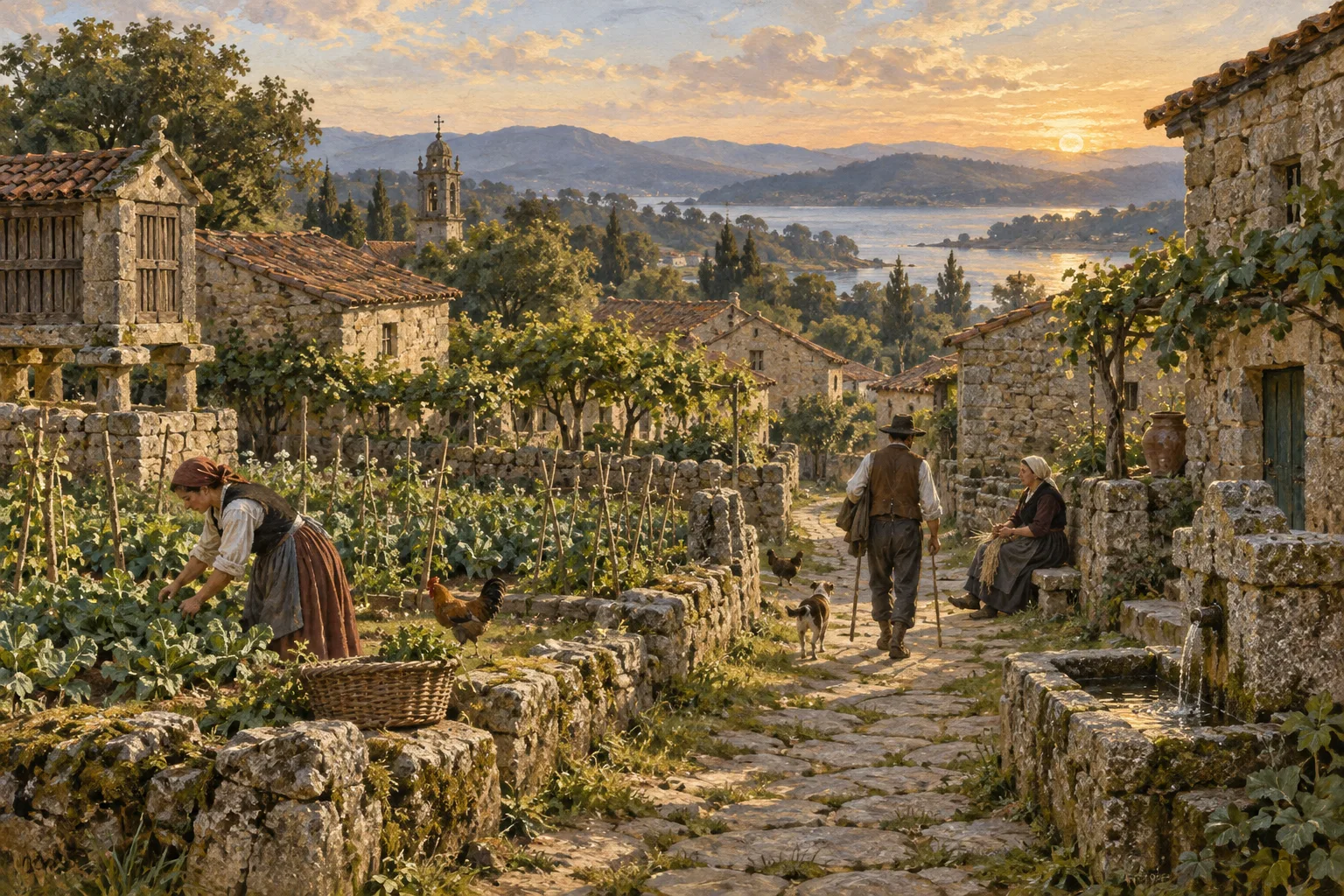 A rural settlement with gardens and stone paths.