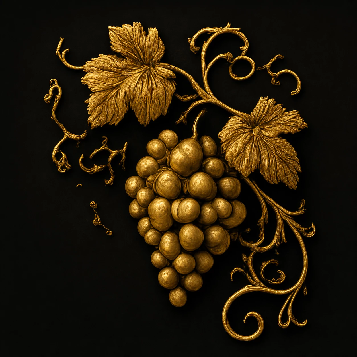 Grappe, feuilles et vrilles courbes en or bruni