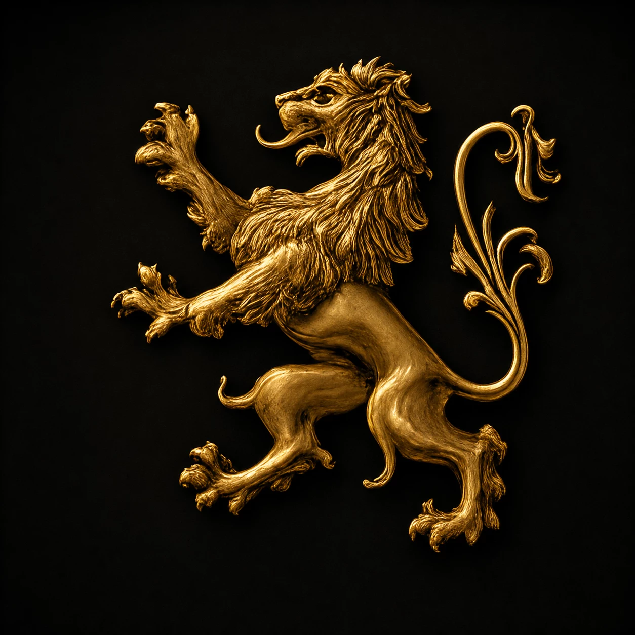 Lion rampant en or bruni de l’emblème contemporain Álvarez