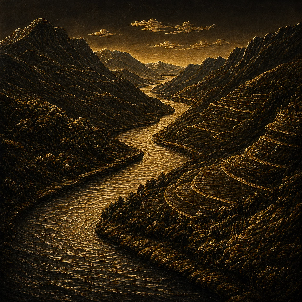 Vallée fluviale en or et noir inspirée de la confluence de l’Avia et du Miño à Ribadavia