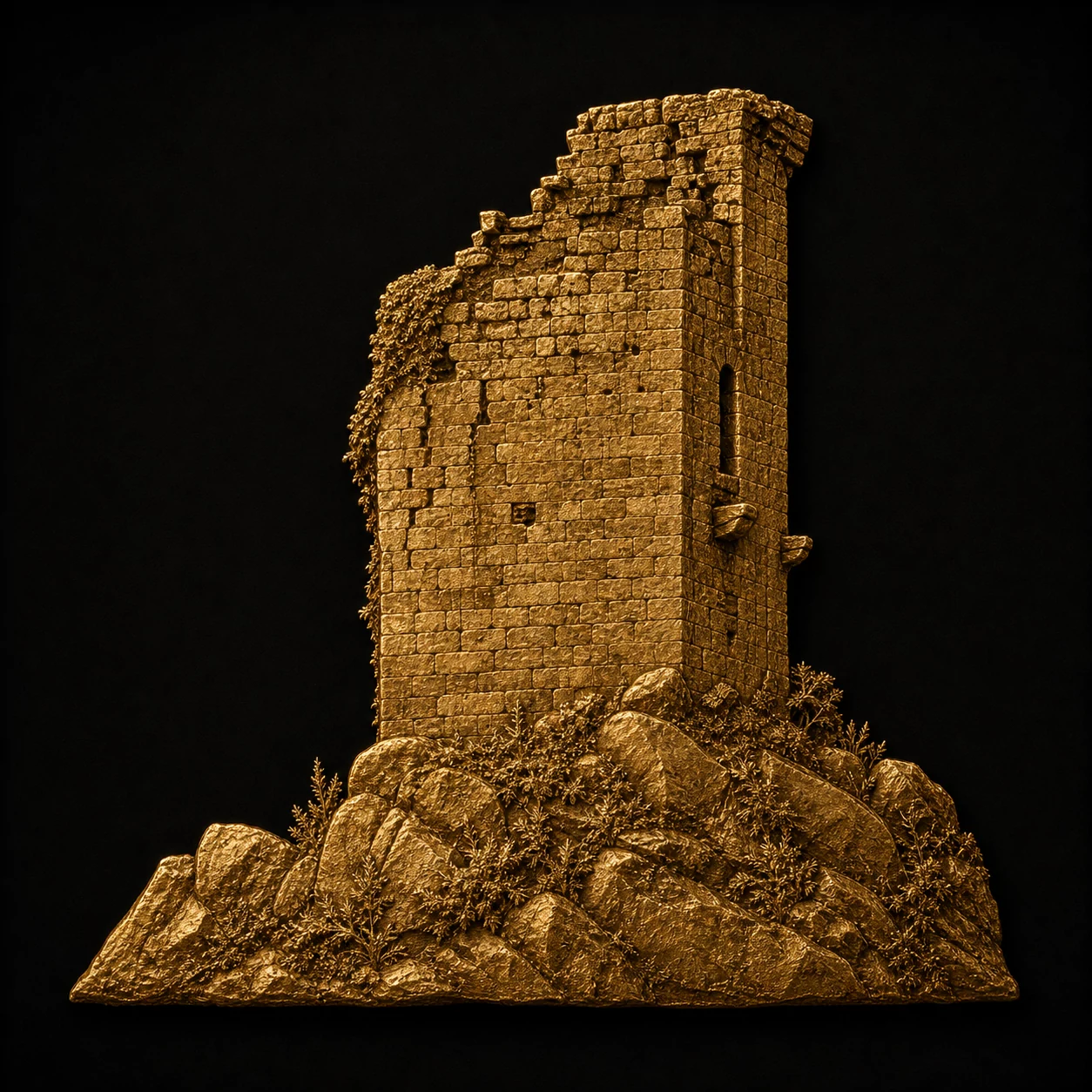 Interprétation en or bruni du donjon rectangulaire en ruine de la Torre de Sande