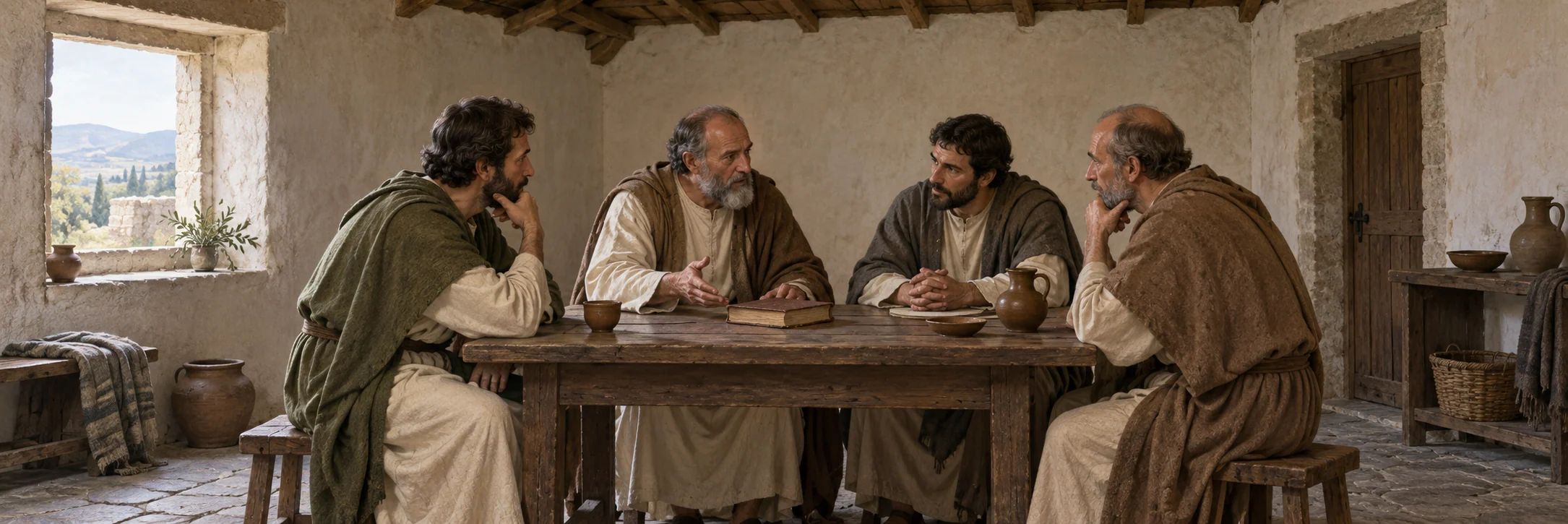 Interpretive scene of anonymous late-antique clergy discussing religious affairs