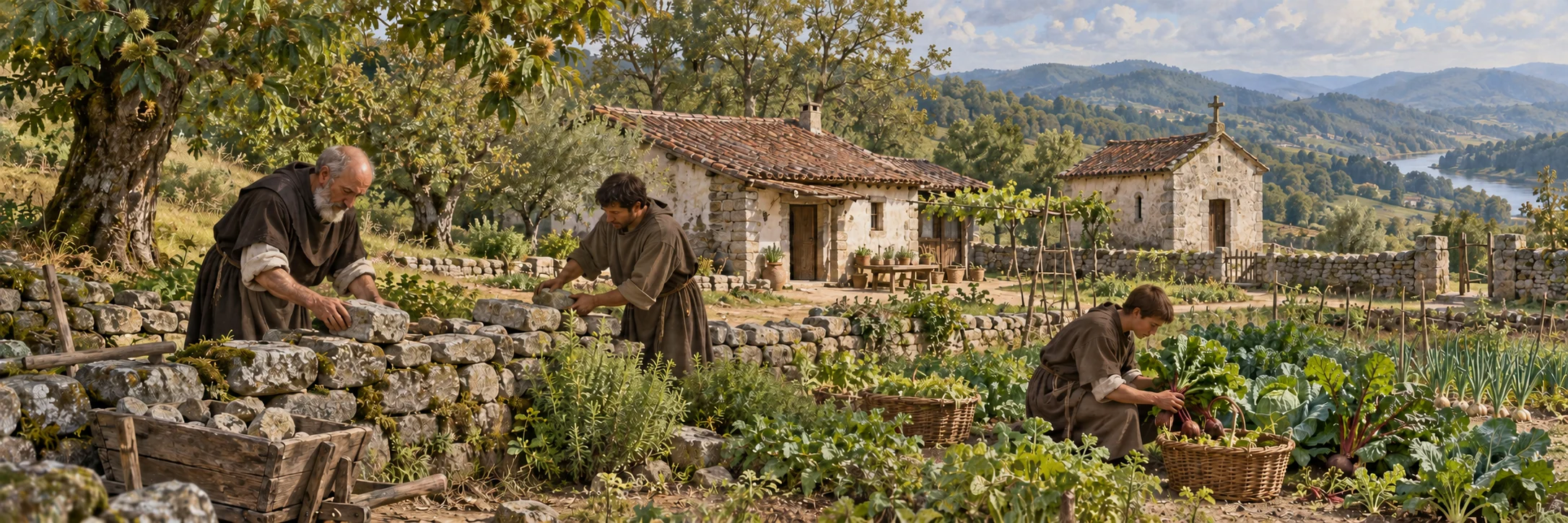 Interpretive scene of a small early medieval monastic household working in a garden