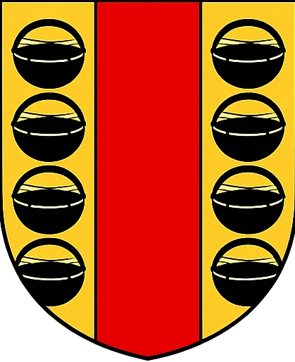 Biedma coat of arms — a red pale between eight black calderas on gold