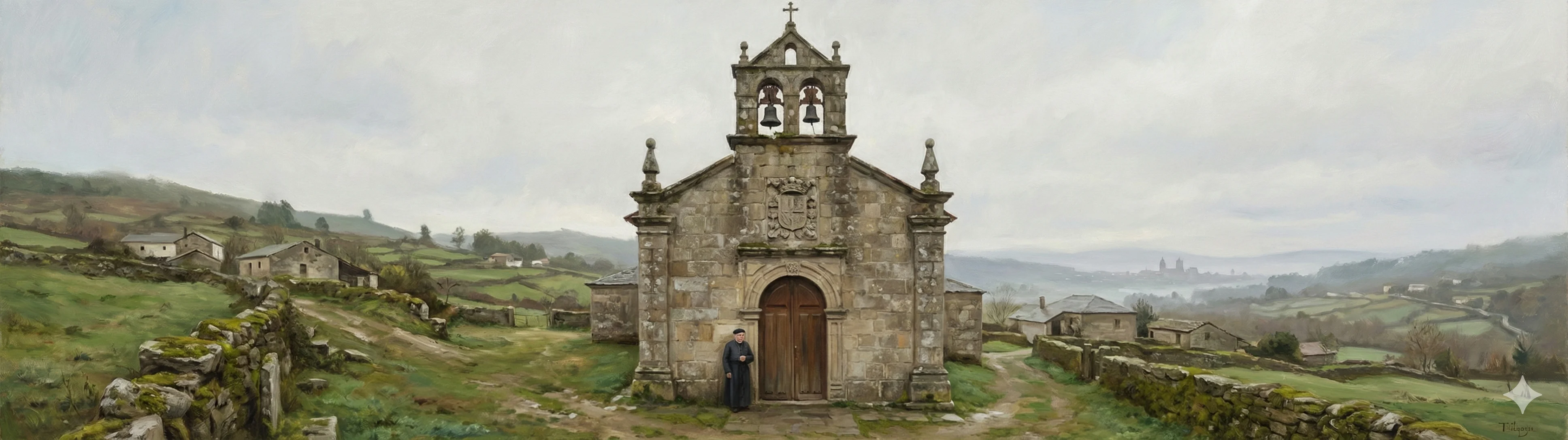 The baroque facade of the church of San Miguel de Espiñoso in Cartelle with the Zúñiga-Biedma coat of arms above the entrance