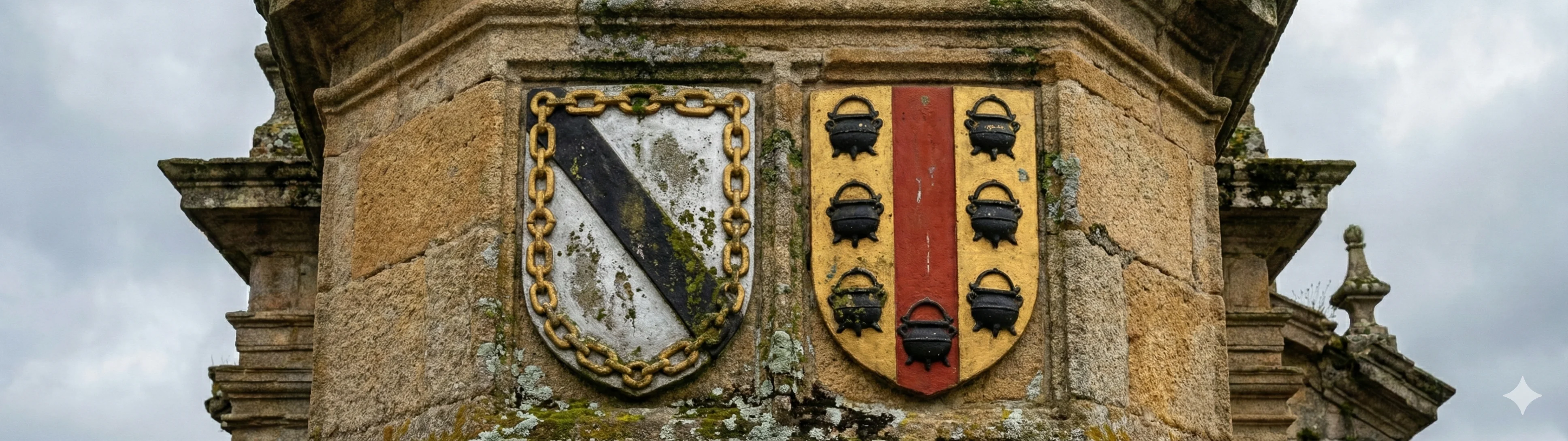 The combined coats of arms of the Zúñiga and Biedma houses carved in stone on a church facade in Ourense